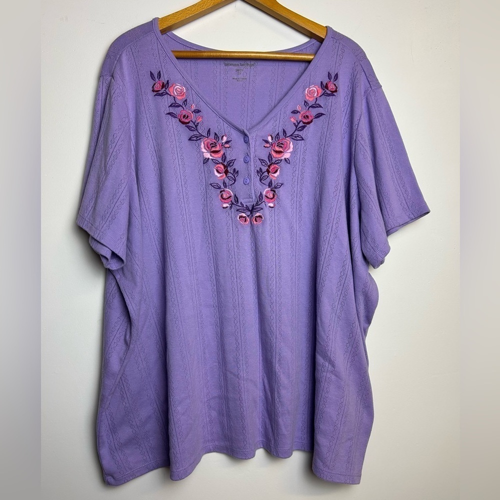 Woman Within Top Blouse Plus Size 3x Purple Floral Short Sleeve Thermal Stretch
